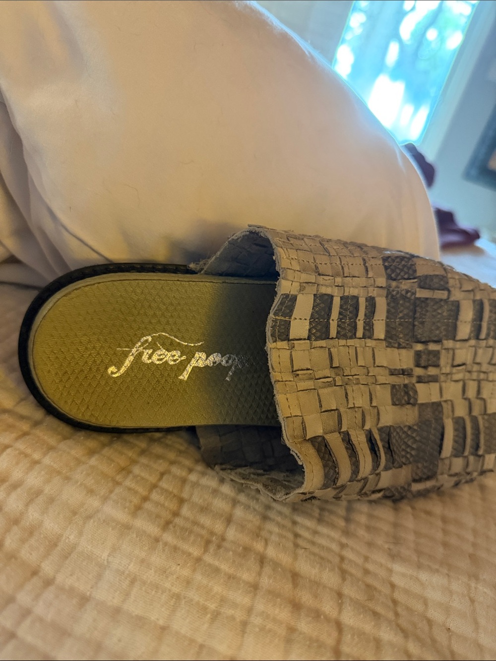 Free People Olive Green Footbed Woven Beige Slide